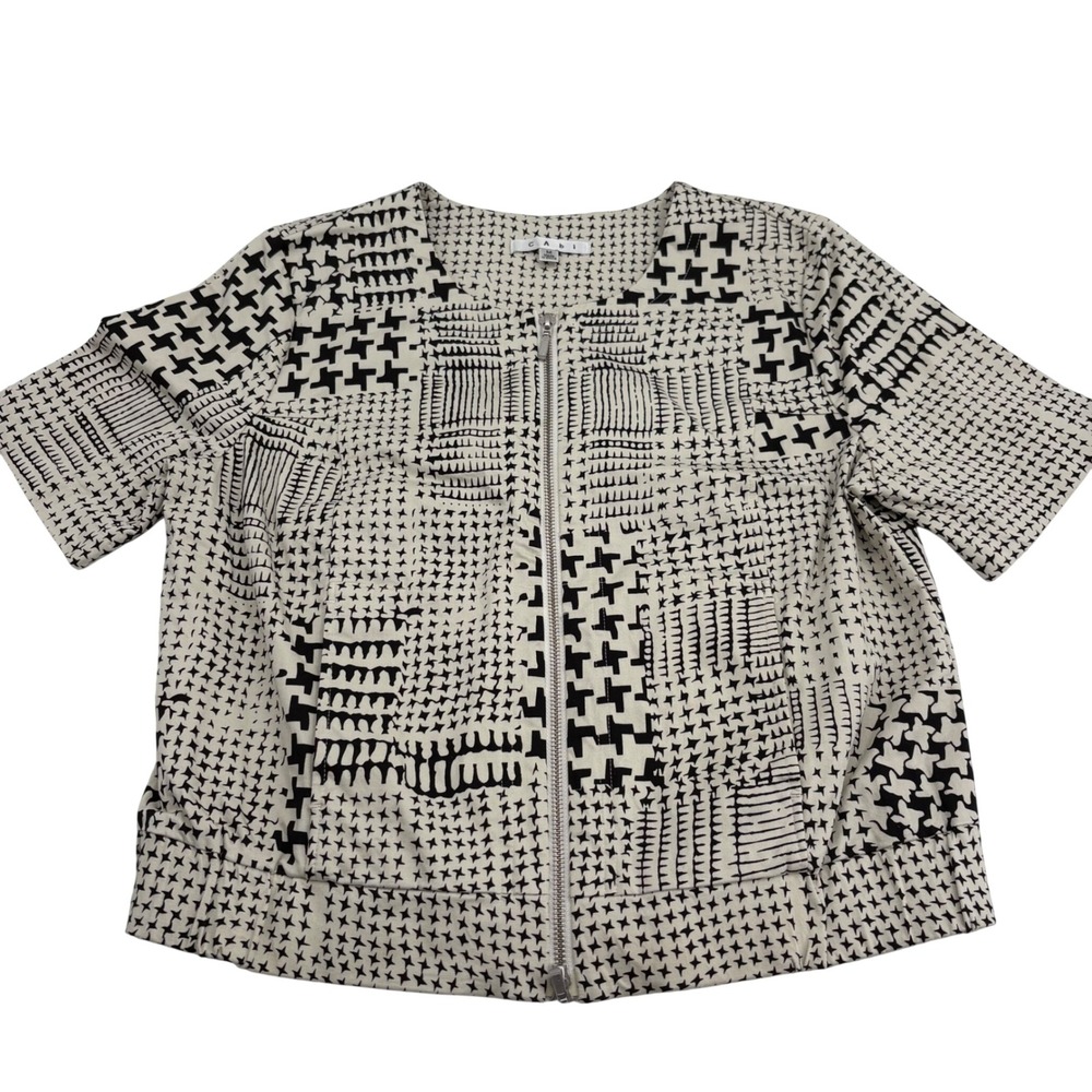 Cabi Women's Jacket Size M Black White Geometric Print Zip Front Short Sleeve